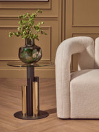 Clear Glass Top Side Table with Black and Gold Column Base | Oria