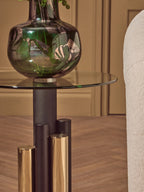Clear Glass Top Side Table with Black and Gold Column Base | Oria