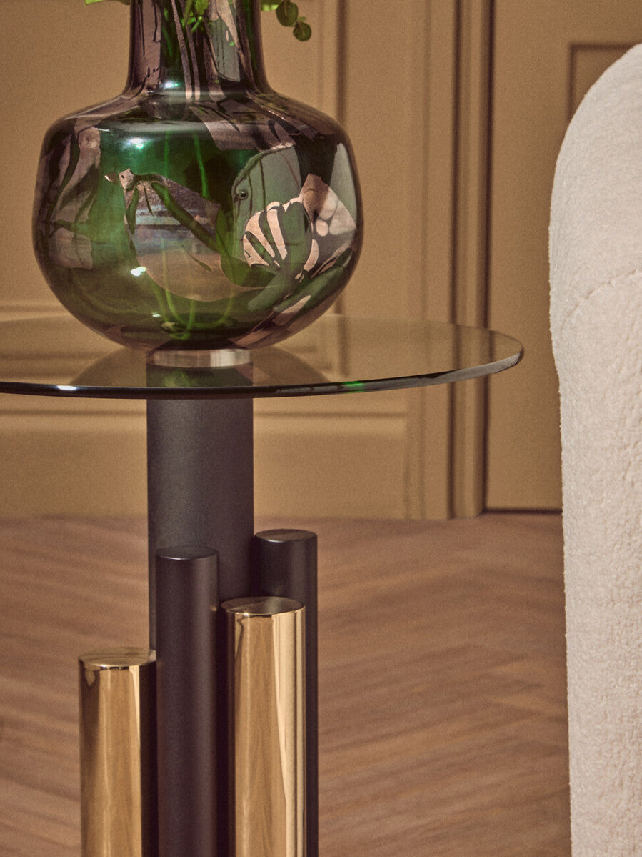 Clear Glass Top Side Table with Black and Gold Column Base | Oria