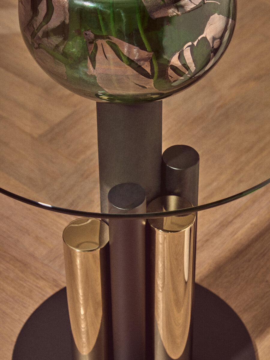 Clear Glass Top Side Table with Black and Gold Column Base | Oria