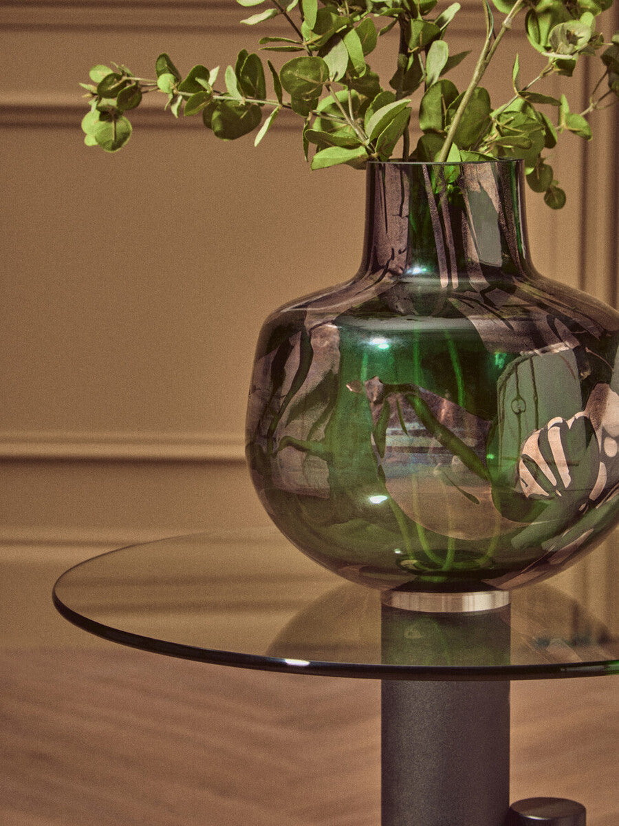 Clear Glass Top Side Table with Black and Gold Column Base | Oria