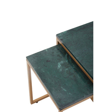 Nest of Two Green Marble Top Nesting Side Tables with Gold Finish Metal Frame | Varana