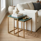 Nest of Two Green Marble Top Nesting Side Tables with Gold Finish Metal Frame | Varana