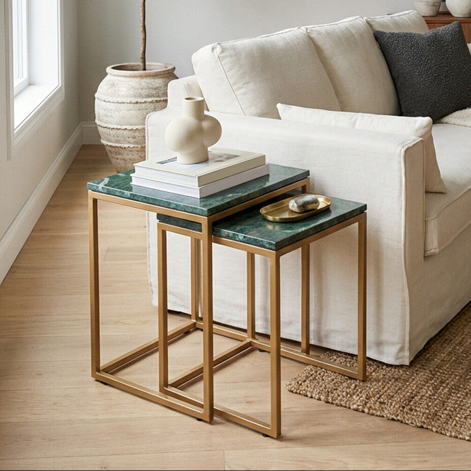Nest of Two Green Marble Top Nesting Side Tables with Gold Finish Metal Frame | Varana