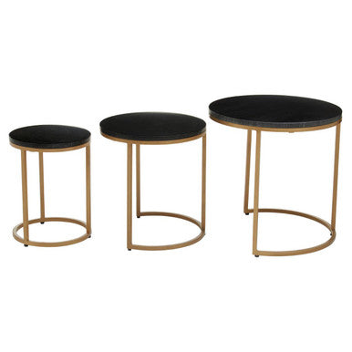 Nest of 3 Black Marble Round Top Nesting Tables with Matte Gold Metal Base | Varana