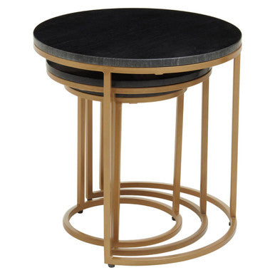 Nest of 3 Black Marble Round Top Nesting Tables with Matte Gold Metal Base | Varana