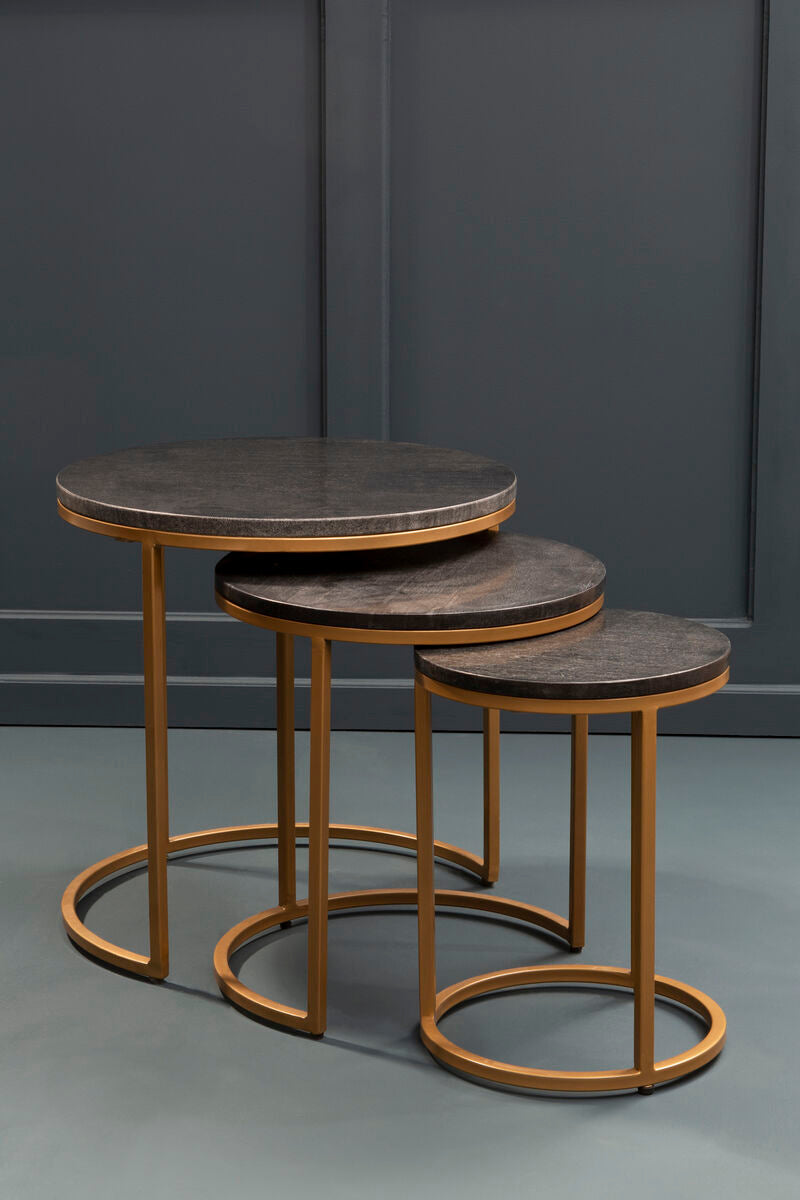 Nest of 3 Black Marble Round Top Nesting Tables with Matte Gold Metal Base | Varana