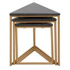 Set of 3 Black Marble Triangular Nesting Tables with Matte Gold Metal Frames | Varana
