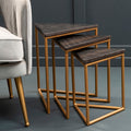 Set of 3 Black Marble Triangular Nesting Tables with Matte Gold Metal Frames | Varana