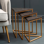 Set of 3 Black Marble Triangular Nesting Tables with Matte Gold Metal Frames | Varana
