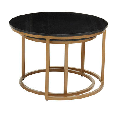 Nest of 2 Black Round Marble Top Tables with Gold Finish Metal Frames, Varana