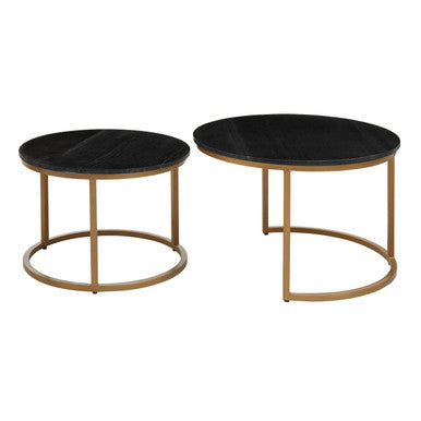 Nest of 2 Black Round Marble Top Tables with Gold Finish Metal Frames, Varana