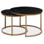 Nest of 2 Black Round Marble Top Tables with Gold Finish Metal Frames | Varana