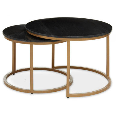 Nest of 2 Black Round Marble Top Tables with Gold Finish Metal Frames, Varana