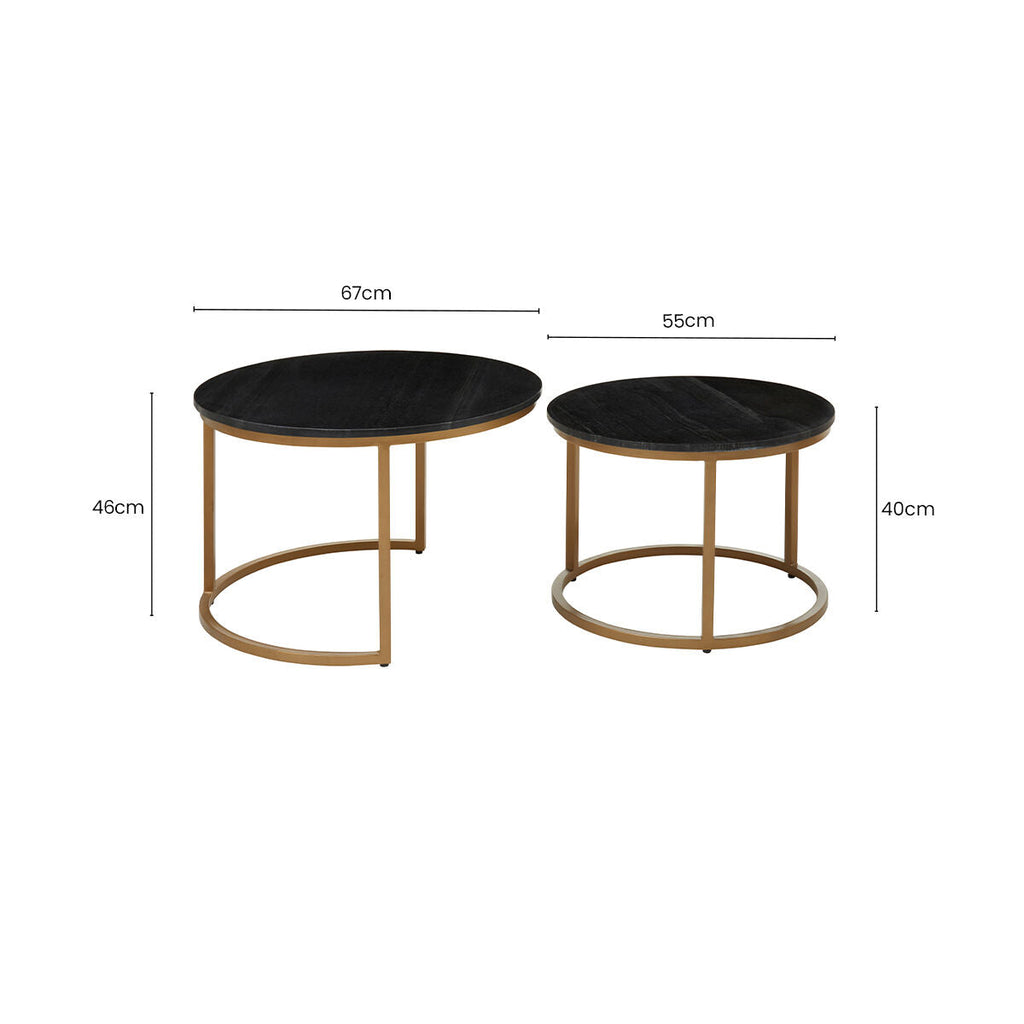Nest of 2 Black Round Marble Top Tables with Gold Finish Metal Frames | Varana