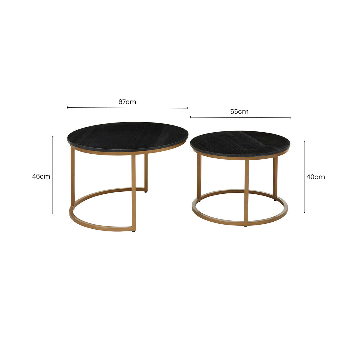 Nest of 2 Black Round Marble Top Tables with Gold Finish Metal Frames | Varana