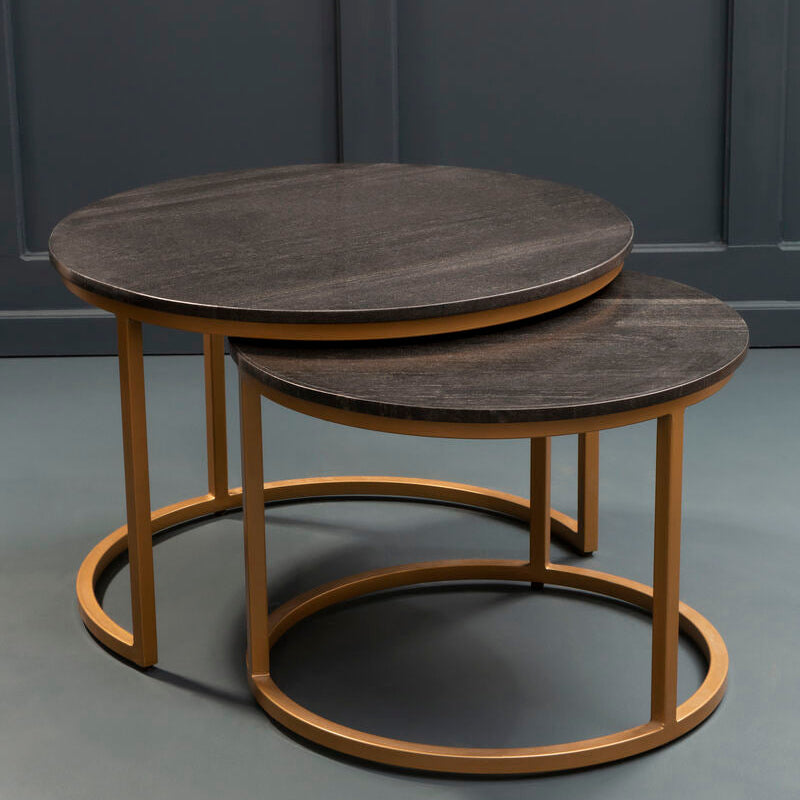 Nest of 2 Black Round Marble Top Tables with Gold Finish Metal Frames, Varana