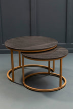 Nest of 2 Black Round Marble Top Tables with Gold Finish Metal Frames | Varana