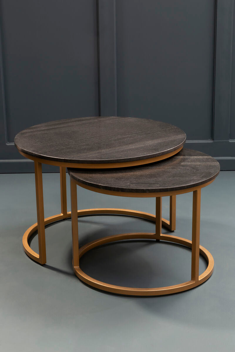 Nest of 2 Black Round Marble Top Tables with Gold Finish Metal Frames, Varana