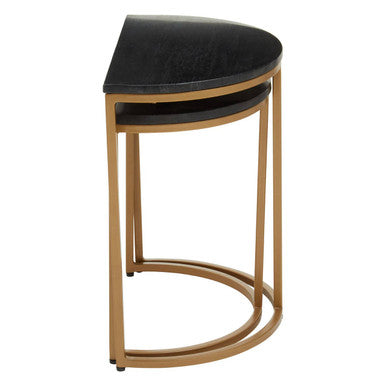 Nest of 2 Half Moon Black Marble Top Nesting Tables with Gold Finish Metal Bases | Varana