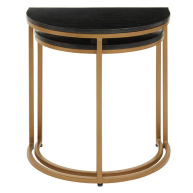 Nest of 2 Half Moon Black Marble Top Nesting Tables with Gold Finish Metal Bases | Varana