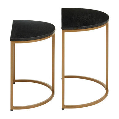 Nest of 2 Half Moon Black Marble Top Nesting Tables with Gold Finish Metal Bases | Varana