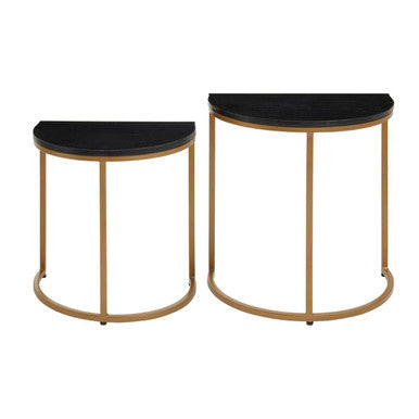 Nest of 2 Half Moon Black Marble Top Nesting Tables with Gold Finish Metal Bases | Varana