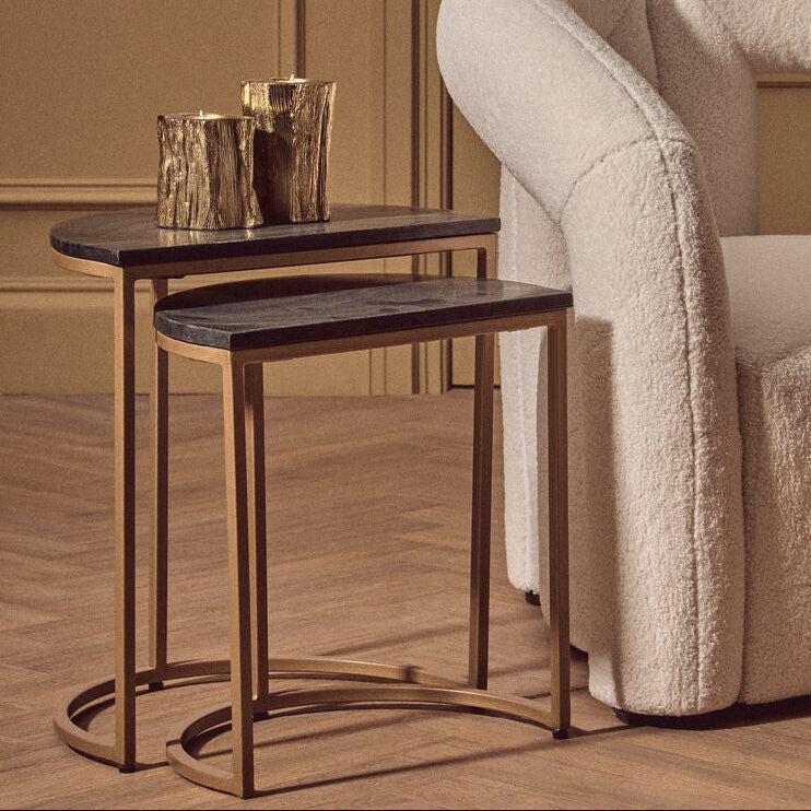 Nest of 2 Half Moon Black Marble Top Nesting Tables with Gold Finish Metal Bases | Varana