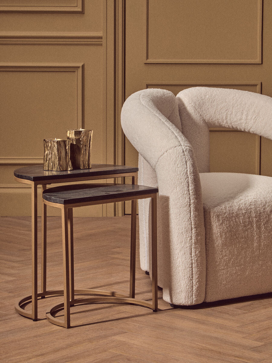 Nest of 2 Half Moon Black Marble Top Nesting Tables with Gold Finish Metal Bases | Varana