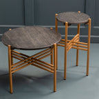 Set of 2 Black Round Marble Top Side Tables with Gold Finish Geometric Metal Bases | Varana