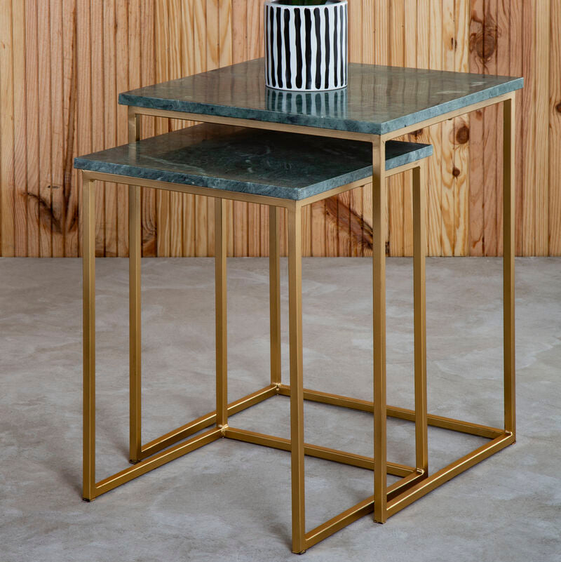 Nest of 2 Green Marble Top Side Tables with Gold Metal Bases | Mandoli