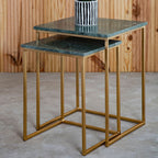 Nest of 2 Green Marble Top Side Tables with Gold Metal Bases | Mandoli
