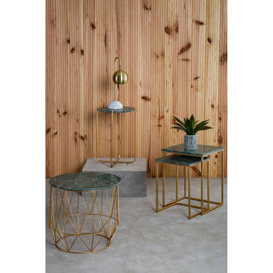 Nest of 2 Green Marble Top Side Tables with Gold Metal Bases | Mandoli