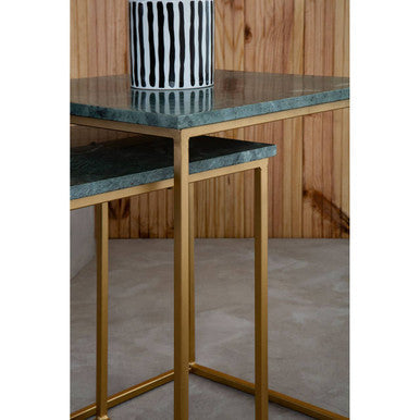 Nest of 2 Green Marble Top Side Tables with Gold Metal Bases | Mandoli