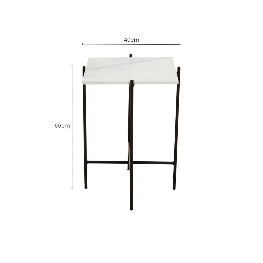 White Marble Square Top Side Table with Sleek Black Iron Base | Mandoli