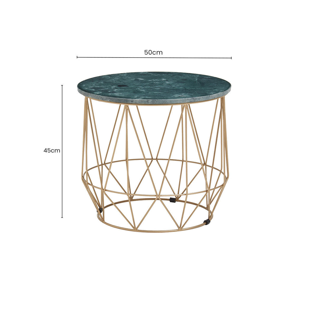 Green Marble Round Top Side Table with Sleek Cage Style Gold Metal Frame | Mandoli