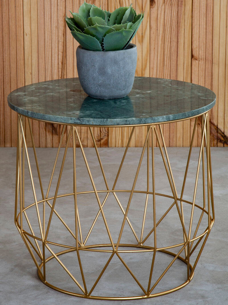 Green Marble Round Top Side Table with Sleek Cage Style Gold Metal Frame | Mandoli