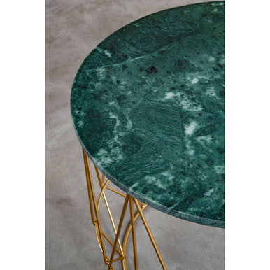 Green Marble Round Top Side Table with Sleek Cage Style Gold Metal Frame | Mandoli