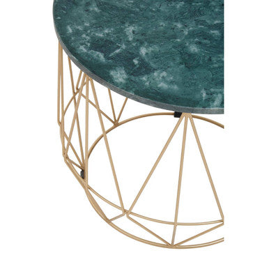 Green Marble Round Top Side Table with Sleek Cage Style Gold Metal Frame | Mandoli