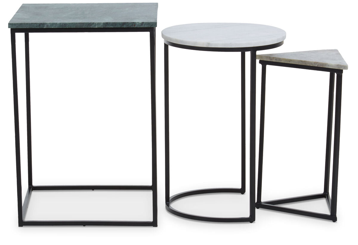 Marble Top Nest of 3 Tables with Black Metal Bases in Assorted Tones and Shapes | Mandoli