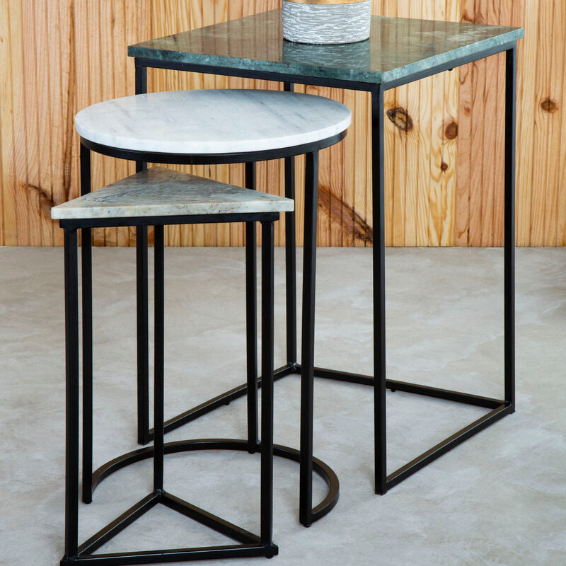 Marble Top Nest of 3 Tables with Black Metal Bases in Assorted Tones and Shapes | Mandoli