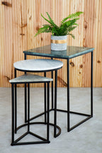 Marble Top Nest of 3 Tables with Black Metal Bases in Assorted Tones and Shapes | Mandoli