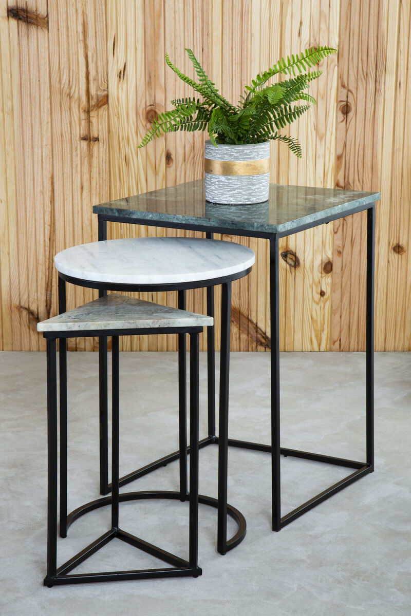 Marble Top Nest of 3 Tables with Black Metal Bases in Assorted Tones and Shapes | Mandoli