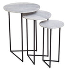 Nest of 3 White Marble Top Side Tables with Black Metal Triangular Bases | Mandoli