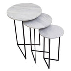 Nest of 3 White Marble Top Side Tables with Black Metal Triangular Bases | Mandoli