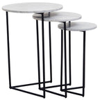 Nest of 3 White Marble Top Side Tables with Black Metal Triangular Bases | Mandoli