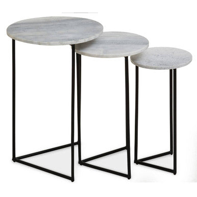 Nest of 3 White Marble Top Side Tables with Black Metal Triangular Bases | Mandoli