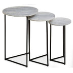 Nest of 3 White Marble Top Side Tables with Black Metal Triangular Bases | Mandoli