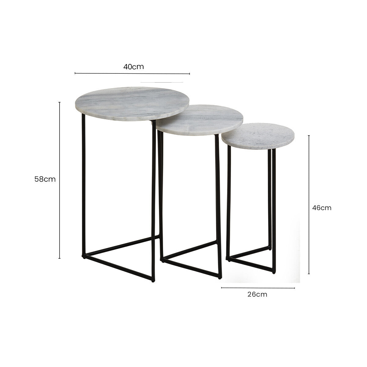 Nest of 3 White Marble Top Side Tables with Black Metal Triangular Bases | Mandoli