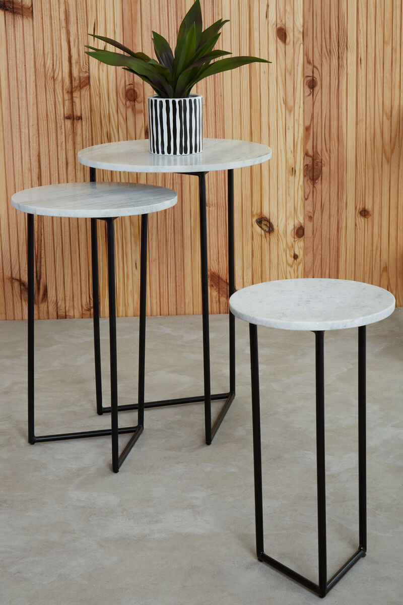 Nest of 3 White Marble Top Side Tables with Black Metal Triangular Bases | Mandoli